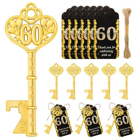 PRICES MAY VARY. Package Contents : Our wedding anniversary party gifts for guests include 50 60th birthday key bottle openers, 50 black thank you tags, and 1 bundle of jute thread. The ample quantity and exquisite craftsmanship can meet your various party preferences, leaving a deep impression on family and friends. Reliable Quality : These 60th anniversary gold key bottle openers are made of high-quality metal zinc alloy material, with a smooth surface, good polishing, rust prevention, durability, and not easy to fade. The "Thank you" card and rope are very textured, not easily damaged, and can be used for a long time. Reliable Quality : These 60th anniversary gold key bottle openers are made of high-quality metal zinc alloy material, with a smooth surface, good polishing, rust preventio Man 60th Birthday Party Ideas, 60th Birthday Party Favors, Party Gifts For Guests, 60th Birthday Favors, Adult Party Favors, Unique Wedding Souvenirs, Dinner Party Favors, Bottle Opener Design, Key Bottle Opener