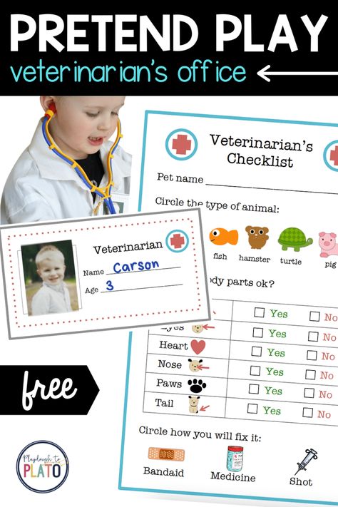 Pretend Play Veterinarian Office, Pretend Play Printables, Playdough To Plato, Play Market, Dramatic Play Preschool, Dramatic Play Area, School Lesson Plans, Primary Activities, Dramatic Play Centers