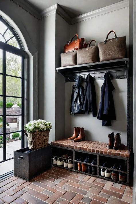 Industrial mudroom with brick paver flooring in a herringbone pattern Brick Floor Mudroom, Brick Floors Mudroom, Modern Kitchen Wallpaper, Mudroom Flooring, Basement Apartment, Pebble Tile, Room Tiles, Brick Pavers, Slate Tile