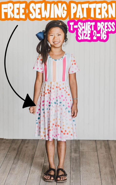 This girls t shirt dress pattern is super cute and works in so many various combinations. The top is knit fabric and the skirt options can be woven or knit fabric. Free Printable shirt dress sewing pattern you have to try.  via @lifesewsavory Jersey Knit Dress Pattern Free, Tshirt Dress Sewing Pattern, T Shirt Dress Pattern Free, Easy Girls Dress Pattern Free, Twirl Dress Pattern Free, T Shirt Dress Sewing Pattern, 2t Dress Pattern Free, Girls Knit Dress Pattern Free, Kids Dress Sewing Pattern