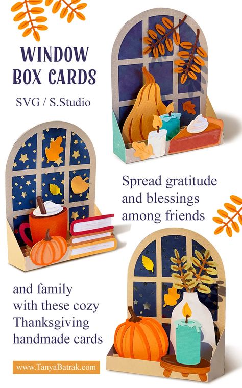 Window Box Cards, Popup Cards How To Make, Cricut Pop Up Cards, Autumn Window Decorations, Autumn Paper Crafts, Autumn Cards Handmade, Autumn Arts And Crafts, Crafts For Toddlers Christmas, Thanksgiving Card Ideas