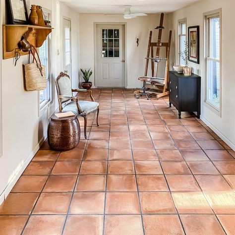 Spanish Kitchen Floor Tiles, Burnt Orange Floor Tile, Kitchen Interior Timeless, Faux Terracotta Floor, Saltillo Tile Entryway, Faux Terra Cotta Floor, Saltio Tile Floors Spanish Style, Best Flooring For Kitchen Tile, Kitchen With Terra Cotta Tile Floor