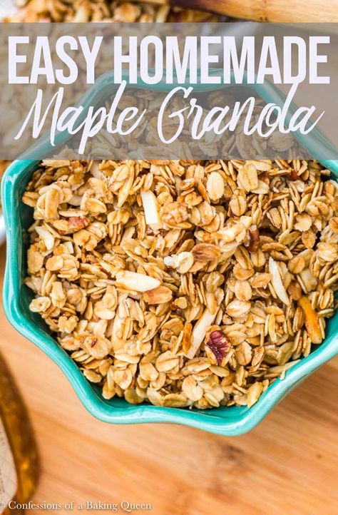 Oats, Pecans, Maple, and Almonds make this Homemade Maple Granola nice and crunchy! With a few staple ingredients you can have a large batch of from scratch granola, way better than store bought! Perfect for breakfast or a snack! #homemadegranola #maplegranolarecipe #easygranolarecipe #breakfast Homemade Maple Granola, Maple Granola Recipe, Easy Granola Recipe, Maple Granola, Low Fat Snacks, Fruit Recipes Healthy, Breakfast Recipes Sweet, Baking Desserts, Granola Recipe