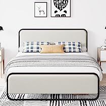 Beige Bed Frame, Queen Size Metal Bed Frame, Modern Bed Frame, Full Size Bed Frame, Curved Headboard, Full Bed Frame, Beige Bed, Fabric Headboard, Queen Platform Bed