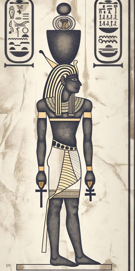 Le papier peint Pharaon Égyptien met en valeur une illustration majestueuse d'un pharaon entouré de hiéroglyphes et de symboles égyptiens anciens. Le design présente des détails minutieux, des couleurs sobres et des lignes nettes, évoquant l'élégance et le mystère de l'Égypte antique. Le fond légèrement texturé ajoute une dimension authentique à l'ensemble. Ce papier peint se marie parfaitement avec des styles de décoration ethniques et historiques, apportant une touche d'exotisme et de culture à votre intérieur. Il s'intègre aussi bien dans un salon que dans une chambre, créant une atmosphère raffinée et intrigante. Pour harmoniser votre espace, optez pour des couleurs neutres comme le beige, le crème, ou encore le brun, qui rappellent les tons naturels des fresques égyptiennes. Des accen Ancient Egypt Art Design, Ancient Egypt Art, Egypt Art, Ancient Egyptian Art, Egyptian Gods, Egyptian Art, Ancient Egyptian, Ancient Egypt, Egypt