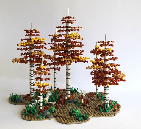 https://flic.kr/p/2hnETK5 | Birch Forest in fall (with Grantmaster's mini deer design) | Fall setting in a Birch forest with Grantmaster's  mini deer design. I just built a forest setting for it. I also built a doe left of the buck with it's head tilted down as it grazes. Lego Rivendell, Lego Forestmen, Lego Mountain, Lego Trees, Forest In Fall, Lego Plants, Lego Tree, Lego Techniques, Lego Winter