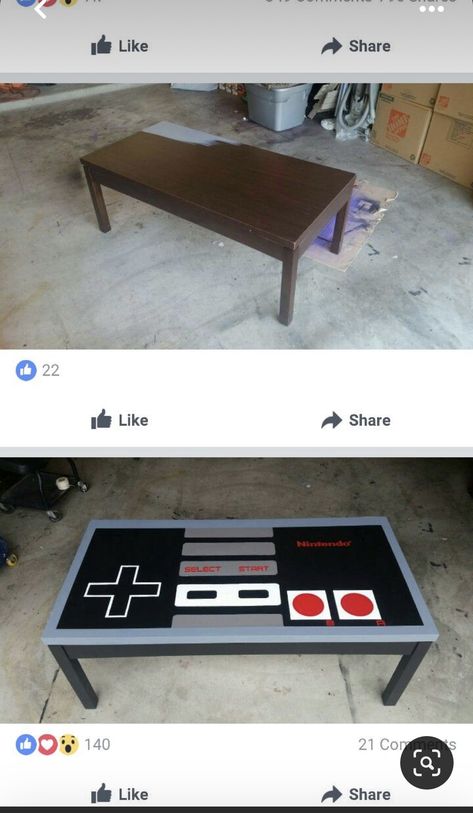 Diy Gaming Decor Ideas, Nintendo Coffee Table, Gamer Coffee Table, Nintendo Dresser Diy, Nintendo Switch Table, Video Game Coffee Table, Nerd Game Room, Video Game Room Decor Diy, Disney Themed Furniture