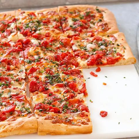 Grandma Pizza | America's Test Kitchen Recipe Grandma Pizza, Atk Recipes, Tomato Topping, Yeast Dough, America's Test Kitchen Recipes, Weekend Meals, Pizza Pie, Cooks Illustrated, Italian Dinner