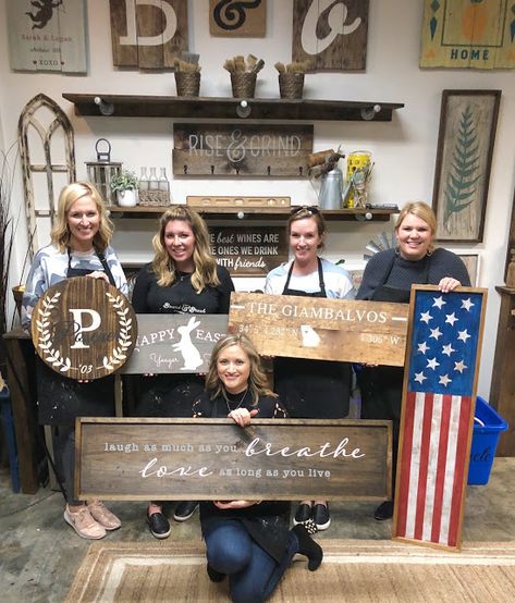 Visit Board and Brush in Marietta, GA to make your own DIY Farmhouse style sign! Such a fun girls night out and makes a great home decor piece. #Atlanta #ATL Board And Brush Ideas, Board And Brush Signs Ideas, Diy Cart, Craft Nights, Neat Crafts, Ranch Ideas, Board And Brush, Board Party, Diy Farmhouse Style