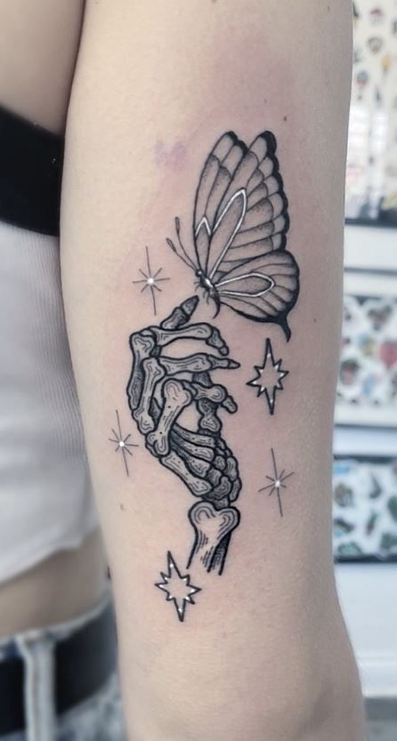 Skeleton Hand Tattoos, Skull Butterfly Tattoo, Butterfly Hand Tattoo, Skull Hand Tattoo, Cool Wrist Tattoos, Bone Tattoos, Wicked Tattoos, Skeleton Tattoos, Skeleton Hand Tattoo