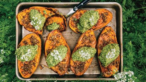 Spiced Sweet Potatoes, Maple Glazed Sweet Potatoes, Cashew Pesto, Glazed Sweet Potatoes, Sweet Potato Recipes Baked, Cilantro Pesto, Autumn Side Dishes, Sheet Pan Dinners Recipes, Food Network Canada