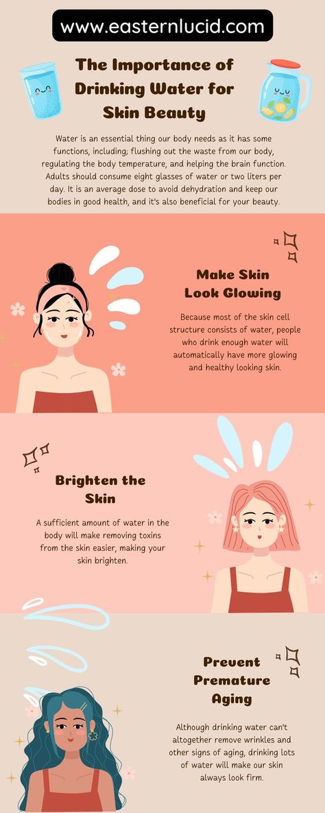 The Importance of Drinking Water for Skin Beauty Water Benefits For Skin, Beauty Infographic, Importance Of Drinking Water, Benefits Of Drinking Water, Drinking Hot Water, Beauty Water, Beauty Routine Tips, Healthy Morning Routine, Healthy Advice