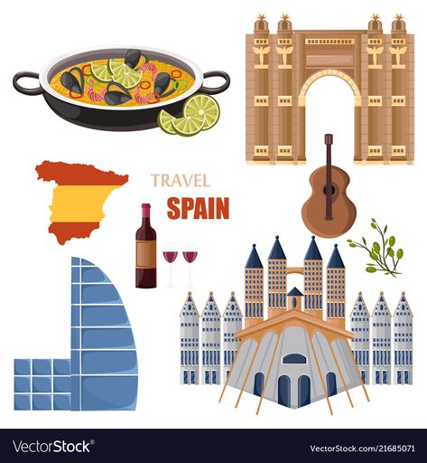 Spain main attractions set collection Royalty Free Vector Paella Seafood, Traditional Paella, Symbols Illustration, Simple Website Design, Web Design Websites, Cactus Vector, Architecture Set, Web Design Quotes, Zestaw Ikon