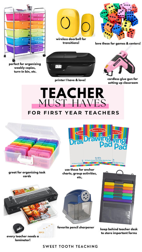 Must have items for first year teachers! Here is a list of items you need in the classroom and will make your first year of teaching run smoothly! First Time Teacher Supplies, Teacher Backpack Essentials, Amazon Must Haves For Teachers, Amazon Classroom Must Haves Elementary, 1st Year Teacher Must Haves, Teacher Essentials Supplies, Kindergarten Teacher Must Haves, Classroom Amazon Must Haves, Teacher Wish List Ideas