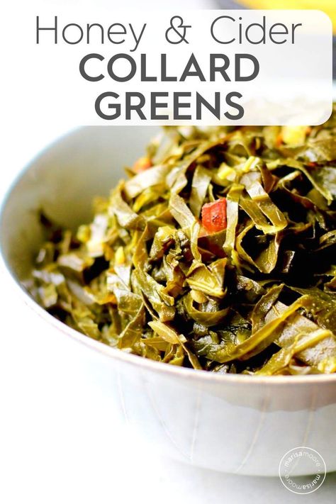 These southern style collard greens with bacon are a little sweet and a lot savory. Made with apple cider vinegar, honey, and garlic, these collards are perfect for New Year’s Day and all year!  Serve with cornbread for easy eating! #sidedish #Thanksgiving Easy Collard Greens Recipe, Greens With Bacon, Collard Greens With Bacon, Vegan Collard Greens, Leafy Greens Recipes, Southern Style Collard Greens, Honey And Garlic, Southern Collard Greens, Collard Greens Recipe