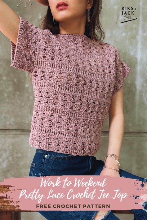 Pretty Lace Crochet Tee Top Free Pattern - Kiks and Jack Crochet Crochet Top Free Pattern, Crochet Shirt Pattern, Crochet Shirts, Crochet Sweater Free, Crochet Tee, Crochet Cardigan Pattern Free, Crochet Sweater Pattern Free, Modern Crochet Patterns, Crochet Ladies Tops