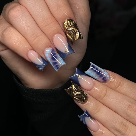 Blue Autumn Nails, Short Nail Designs Blue, Blue Nails Fall, Cute Nail Inspo Short, Brown And Blue Nails, Blue Short Nails, Nails Ideas Blue, Nail Ideas Blue, Long French Tip Nails