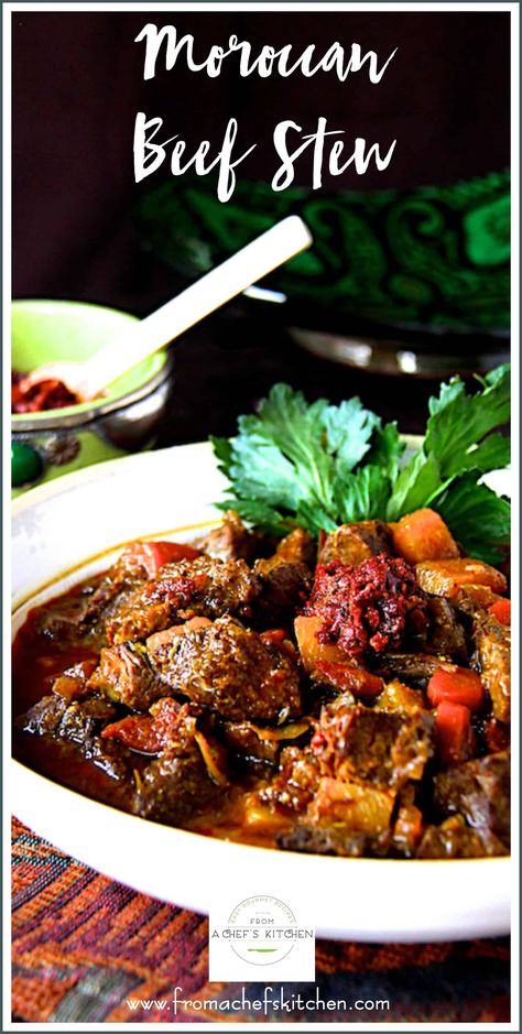 Moroccan Beef Stew is hearty, flavorful and perfect for a chilly night!  It's perfect slowly simmered on the stovetop, in the oven or pressure cooker. #moroccanfood #moroccan #beef #beefstew #meat #beefstewrecipes Moroccan Beef Stew, Arabisk Mad, Beef Tagine, Moroccan Beef, Crockpot Beef Stew, Tagine Cooking, Moroccan Stew, Stew Crockpot, Stew Beef