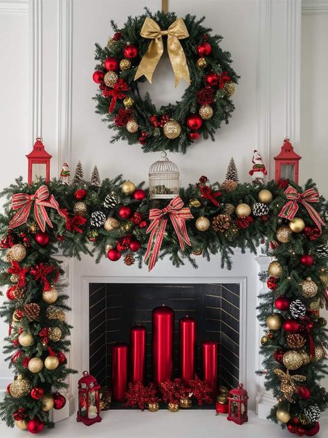 Christmas Decor Ideas Red Green And Gold, Red And Gold Christmas Theme, Red And Gold Christmas Mantle, Christmas Decor Gold And Red, Christmas Wreath Fireplace, Christmas Accent Wall, Red And Gold Christmas Mantle Decor, Hacienda Christmas Decor, Inside Fireplace Christmas Decor