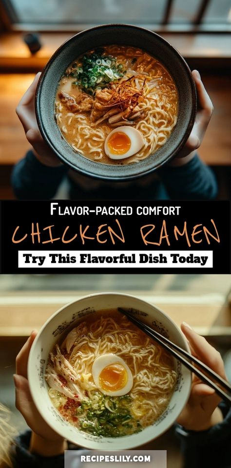 I'm excited to share my recipe for this comforting Chicken Ramen! With tender chicken, rich broth, and perfectly cooked noodles, this dish is a must-try. Plus, the soft-boiled egg adds an extra touch of deliciousness. Dive into this flavorful bowl today! Homemade Ramen Noodles Soup Chicken, Chicken Thigh Ramen, Ramen Noodle Recipes With Egg, Chicken Ramen Recipes, Homemade Ramen Recipes, Bone Broth Ramen, Instant Ramen Recipes, Ultimate Chicken Noodle Soup, Ramen Broth Recipe