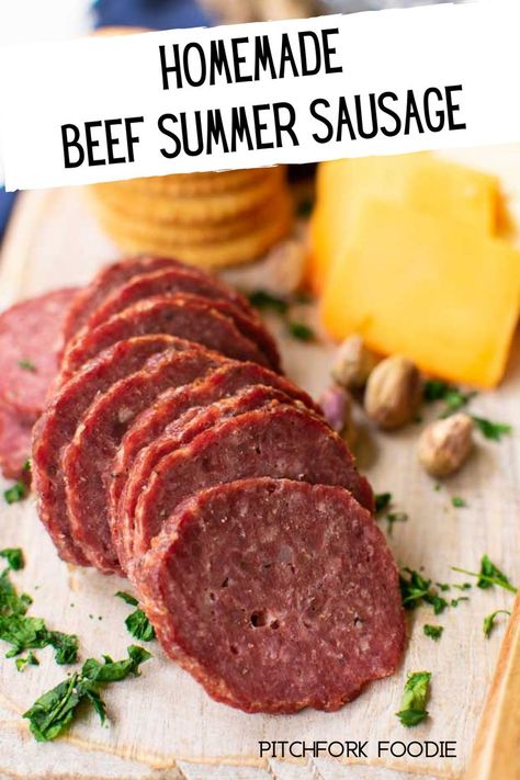 Beef Summer Sausage, made with ground beef, is easy to make at home in the oven or smoker. It's a perfect keto snack, or serve with crackers and cheese. #pitchforkfoodie #keto #sausage #recipe Meaty Appetizers, Beef Summer Sausage, Homemade Summer Sausage, Summer Sausage Recipes, Homemade Sausage Recipes, Summer Sausage, Sausage Recipe, Meat Appetizers, Quick And Easy Appetizers