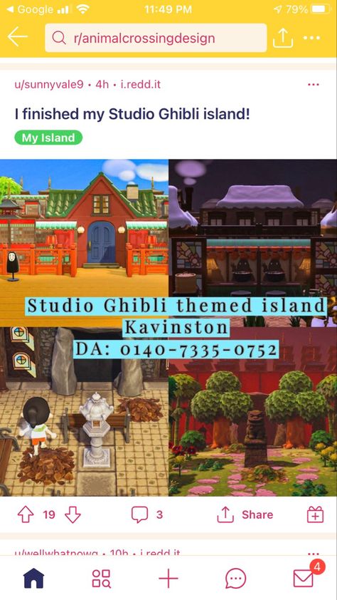 an island dedicated to studio ghibli films!!! so cute! #acnh #animalcrossing Acnh Island Studio Ghibli, Studio Ghibli Acnh Island Dream Code, Ghibli Animal Crossing Island, Acnh Japanese Island Dream Code, Studio Ghibli Island Animal Crossing, Acnh Ghibli Code, Acnh Anime Islands, Acnh Island Tunes Studio Ghibli, Ghibli Acnh Codes