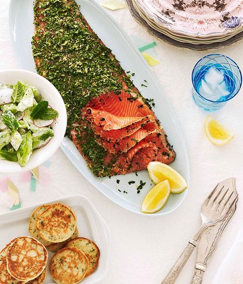 Australian Gourmet Traveller recipe for Hendrick’s gin-cured trout with buttermilk blini. Cured Trout, Cooking Decorating, Fabulous Friday, Pancake Recipes, Chocolate Pancakes, Lemon Rind, Game Food, Fish Dishes, Pancake Recipe