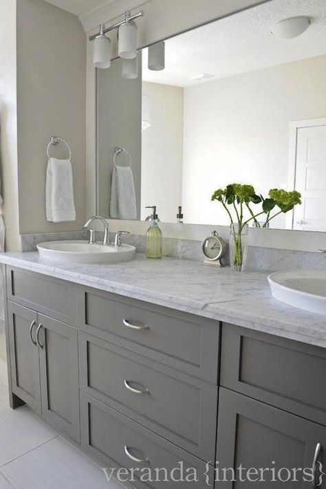 gray double bathroom vanity, shaker cabinets, frameless mirror, white oval vessel sinks, marble countertop. don't like sconces. #remodelideas #bathroommakeover Bathroom Cabinet Colors, Grey Bathroom Cabinets, Winter Retreat, Double Sinks, Grey Bathroom Vanity, Vanity Countertop, Trendy Bathroom, Grey Cabinets, Bad Design