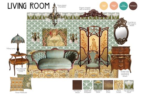 French Art Nouveau Interior, Art Nouveau Interior Design Bedrooms, Art Noveau Interiors, Art Nouveau Decor Interior Design, Art Nouveau Bedroom Interior Design, Art Nouveau Library, Art Nouveau Interior Bedroom, Celestial Interior Design, Art Nouveau Mood Board