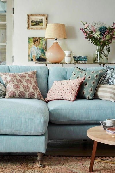 Ruffles, loveseats and corner sofas... Aqua Sofa, Country Cottage Living Room, Aqua Pillows, Pedestal Side Table, Big Sofas, Pink Sofa, Cottage Living Rooms, Corner Sofas, Relaxation Room