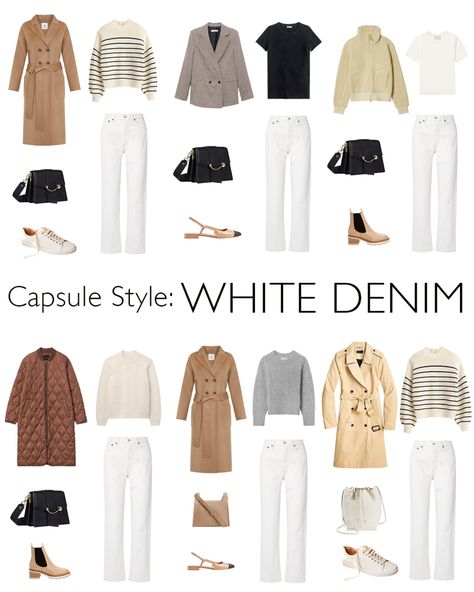 Capsule Style, White Jeans Winter, White Pants Outfit, White Jeans Outfit, Fashion Capsule Wardrobe, Winter Capsule, Crewneck Style, Fall Capsule Wardrobe, Wardrobe Outfits