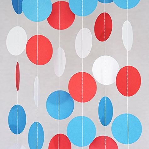 Chloe Elizabeth Circle Dots Paper Party Garland Backdrop (Pack of 4, 10 Feet Per Garland, Total 40 Feet) - Red, White, Blue Streamer Backdrop, Circle Garland, Family Room Makeover, Cute Dorm Rooms, July Decor, Party Garland, Patriotic Party, Blue Circle, July Crafts