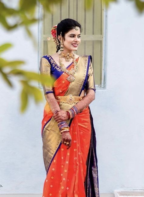 Orange With Green Silk Saree, Orange Pattu Saree, Telugu Culture, Saree Color Combinations, Indigo Saree, Maggam Designs, South Indian Wedding Saree, South Indian Bride Saree, Engagement Saree