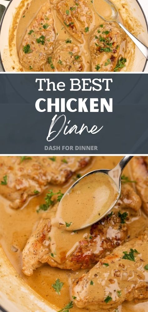 If you're looking for easy dinner recipes that are easy enough for weeknights, but impressive enough for guests, you need this classic recipe for Chicken Diane. This chicken breast recipe features tender chicken breasts enveloped in a creamy pan sauce, then served with your favorite side dishes. Low carb, gluten free, and ready in less than 25 minutes! Chicken With Pan Sauce Recipes, Chicken Hollandaise Recipes, Baked Chicken Recipes With Sauce, Quick Weeknight Dinners Chicken, Chicken Diane Recipe Simple, Cut Up Chicken Recipes Dinners, Dark Meat Chicken Recipes Dinners, Pounded Chicken Recipes, Chicken With Pan Sauce