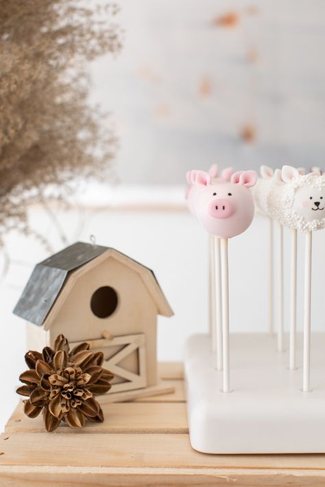 Pastel Barnyard Birthday, Barnyard Cake Pops, Pig Cake Pops, Barnyard Party Favors, Barnyard Cake, Farm Themed Party, Barnyard Birthday Party, Farm Animals Birthday Party, Farm Themed Birthday Party