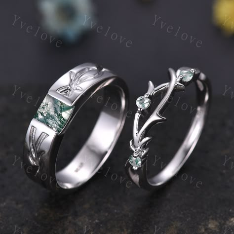 Couples ring set Moss agate ring twig ring for men and women His and Hers wedding band Promise Stacking Matching Band Retro Vintage Gift Anniversary Ring Gift for women and mens ITEM SPECIFICATIONS:  Material:925 sterling silver , black gold plated, rose gold plated,yellow gold plated,white gold plated Solid gold (10k 14k 18k rose gold,yellow gold,white gold available) Platinum Mens ring: Main stone: 5mm princess cut natural moss agate stone(every stone is unique, if you need sth special, please Promise Rings His And Hers, Mens And Womens Wedding Rings, Promise Couple Rings, Wedding Rings Sets His And Hers Unique Silver, Wedding Rings Silver Men, Viking Rings Wedding, Elven Ring Men, Matching Wedding Rings Silver, Mens Moss Agate Wedding Band