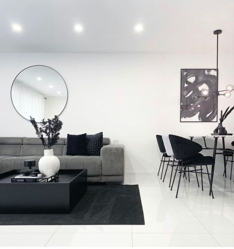 Modern Black Grey And White Living Room, Modern Apartment Black And White, Black And White Aesthetic Home Decor, Gray White And Black Living Room, Living Room Designs Black And White, Grey And Black Living Room, Black White Apartment, Living Room Design Black, Monochrome Home