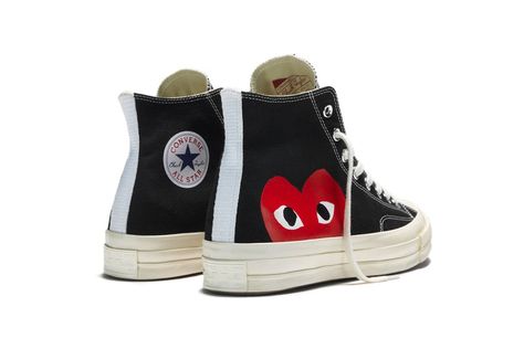 Converse x Comme des Garcons black high-top sneakers. Converse X Comme Des Garcons, Converse Comme Des Garcons, Half Heart, Nike X Travis Scott, Rei Kawakubo, Exclusive Sneakers, Jordan 2, Nike Dunk High, Comme Des Garcons Play