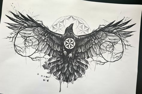 Crow drawing, sacred geometry, tattoodesign. Geometric Crow Tattoo Design, Crow Chest Tattoo For Men, Crow Sternum Tattoo, Sacred Geometry Chest Tattoo, Crow Wings Tattoo, Crow Chest Tattoo, Nordic Raven Tattoo, Crow Tattoo For Men, Chestpiece Tattoo