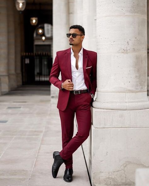 Semi Formal Attire for Teenage Guys in 2023 | The Highest Fashion Prom Dresses For Men, Suit Without Tie, Burgundy Suit Men, Dark Red Suit, Maroon Suit, Prom For Guys, Semi Formal Attire, Formal Men, Burgundy Suit