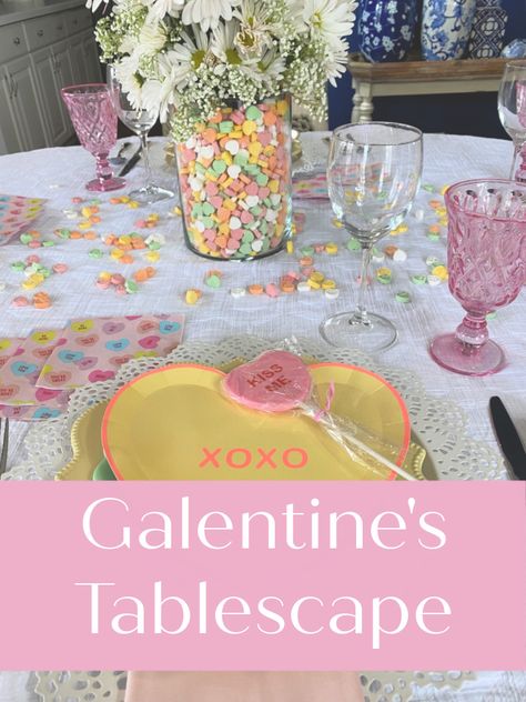 A Conversation Heart Galentine's Tablescape - Celebrate & Decorate Valentines Table Scape, Galentines Tablescape, Valentine Tablescape, Pink Thanksgiving, Ladies Group, Relief Society Activities, Pink Napkins, Elegant Dinner Party, Conversation Heart