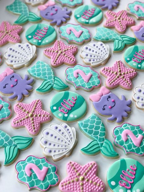 Dessert Ideas At Home, Mermaid 2nd Birthday Cake, Mermaid 3rd Birthday Cake, Under The Sea Third Birthday Party, Mermaid 5th Birthday Cake, Mermaid Theme Cookies, Mermaid Food Ideas, Mermazing Birthday, Seashell Octopus