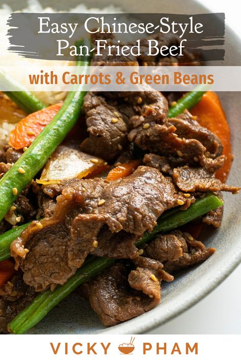 Looking for a quick and easy weeknight meal? Try this Chinese-style pan-fried marinated beef that can be on the table in just 20 minutes. This stir fry recipe features thinly sliced beef, carrots and green beans. Beef And Green Bean Stir Fry, Thinly Sliced Beef Recipes, Beef And Green Beans Recipe, Sliced Beef Recipes, Fry Ideas, Steak And Green Beans, Beef Stir Fry Recipes, Carrots And Green Beans, Asian Beef