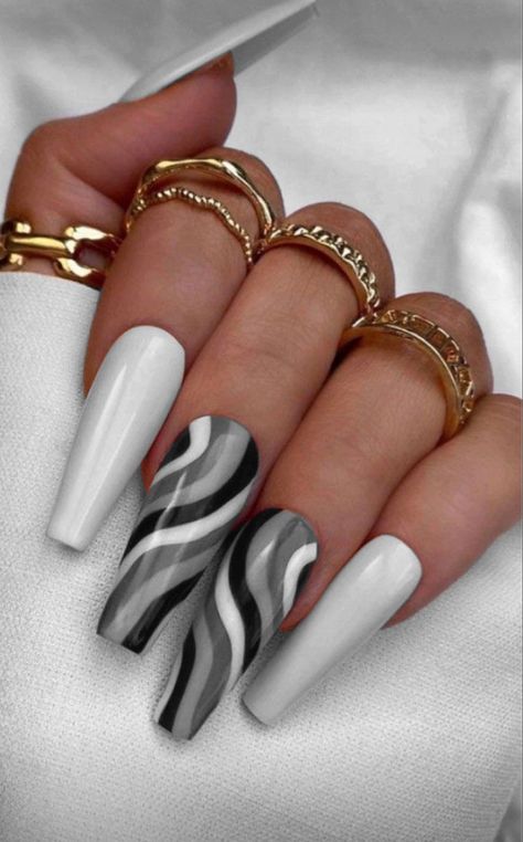 Black White And Grey Nails, Ballerina Acrylic Nails, Black And White Nail Designs, Black White Nails, Grey Nails, White Coffin Nails, Nail Art For Beginners, Beige Nails, Nails Colors