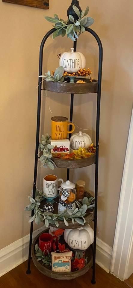 Rae Dunn Fall, Tiered Shelf, Pumpkin Arrangements, Tier Trays, Tray Ideas, Autumn Display, Fall Decoration, Shelf Display, Seasonal Home Decor