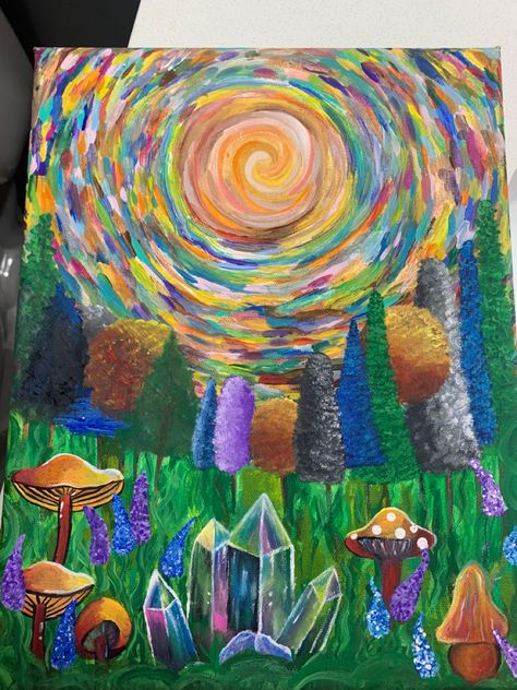 Painting Inspo Trippy, Trippy Nature Painting, Trippy Landscape, Trippy Oil Pastel Art, Trippy Sky Drawing, Trippy Landscape Art, Trippy Landscape Painting, Mushroom Painting Trippy, Trippy Sunset Painting