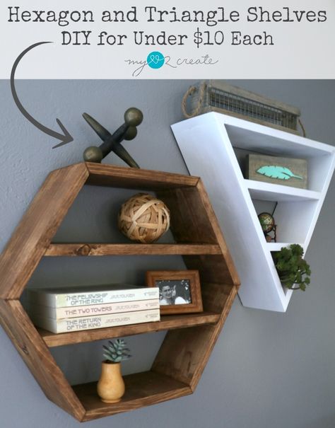 Build you own awesome Restoration Hardware inspired Hexagon and Triangle Shelves free plans and picture tutorial at MyLove2Create. Triangle Shelves, Restoration Hardware Inspired, Diy Hanging Shelves, Tv Wand, Hexagon Shelves, Triangle Shelf, Diy Holz, Estantes Flotantes, Wood Crafts Diy