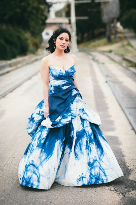 Video Game Themed Wedding at Foreign Cinema, San Francisco: Stephanie & Jim Tie Dye Wedding Dress, Dip Dye Wedding Dress, Dye Wedding Dress, Printed Wedding Dress, Colored Wedding Gowns, Colored Wedding Dress, White Wedding Gowns, Blue Wedding Dresses, Blue And White Dress