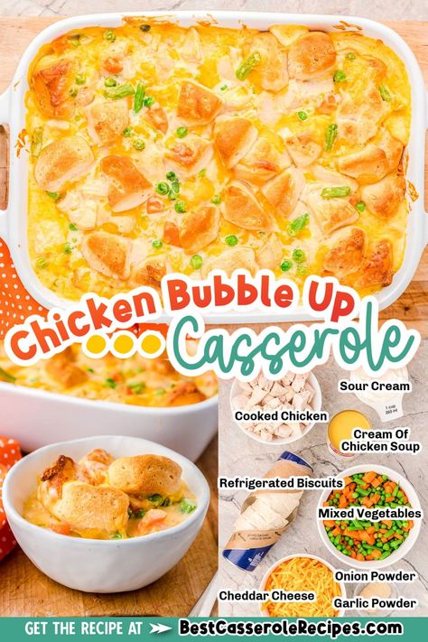 This Chicken Pot Pie Bubble Up is the ultimate comfort food that will satisfy your hunger. With its creamy filling, golden biscuits, and hearty combination of chicken, vegetables, and cheese, it’s a dish the whole family will love. Chicken casserole recipes for dinner, bubble up recipes, chicken pot pie bubble up casserole, Weeknight dinner recipes. Homestyle Chicken And Biscuits, Bubble Up Dinner Recipes, Bubble Chicken Pot Pie, Chicken Pot Pie Bubble Up, Biscuit Bubble Up Recipes, Chicken Bubble Up, Chicken Casserole With Biscuits On Top, Chicken Pot Pie Bubble Up Casserole, Chicken Pot Pie Casserole With Biscuits