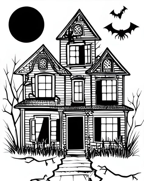 Haunted Houses Drawing, Haunted House Drawing Easy, Haunted Mansion Drawing, Haunted House Drawing, Simple House Drawing, Horror Drawing, House Colouring Pages, Haunted Hotel, Horror House